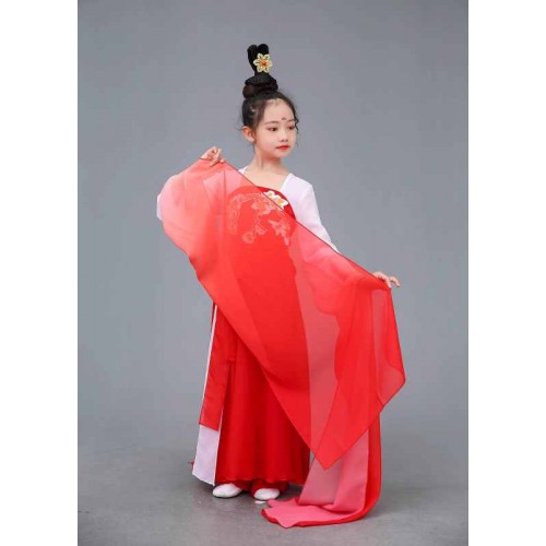 Children Red Gradient Chinese folk classical dance costumes for kids girls fairy hanfu water sleeve Caiwei dance dresses jinghong dance flowing fairy dance wear for Girls